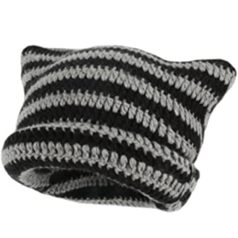 Black and Gray Striped Knit Beanie